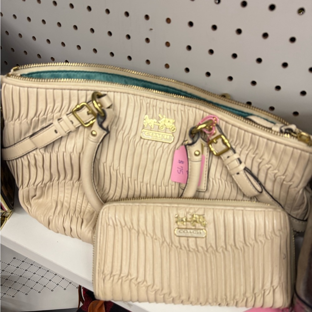 Coach Cream Quilted Shoulder Bag with Gold Hardware